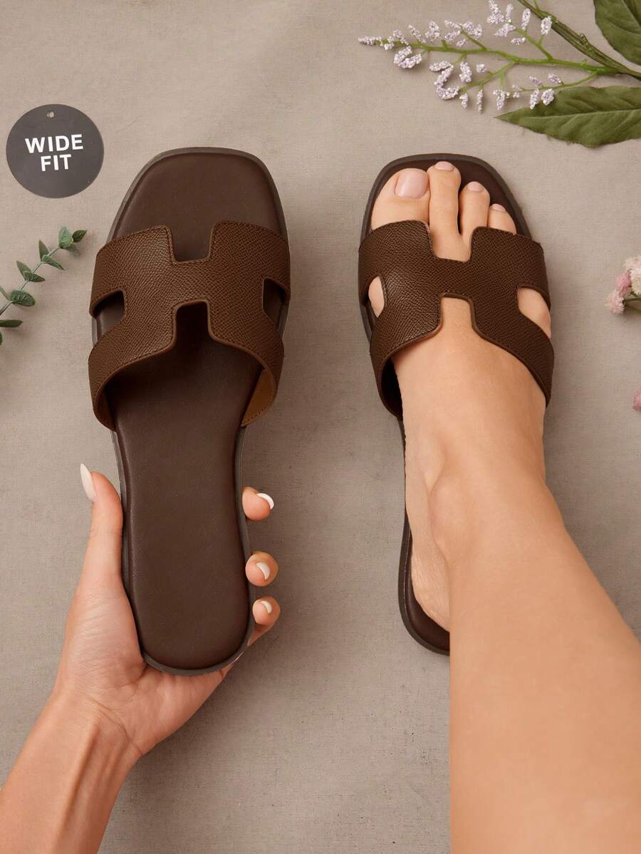 SHUZIA Wide Fit Women's Luxe-Inspired Harness Cutout Open Toe Minimalist Palm Print Pu Dark Olive Slides-Plus Size Comfort