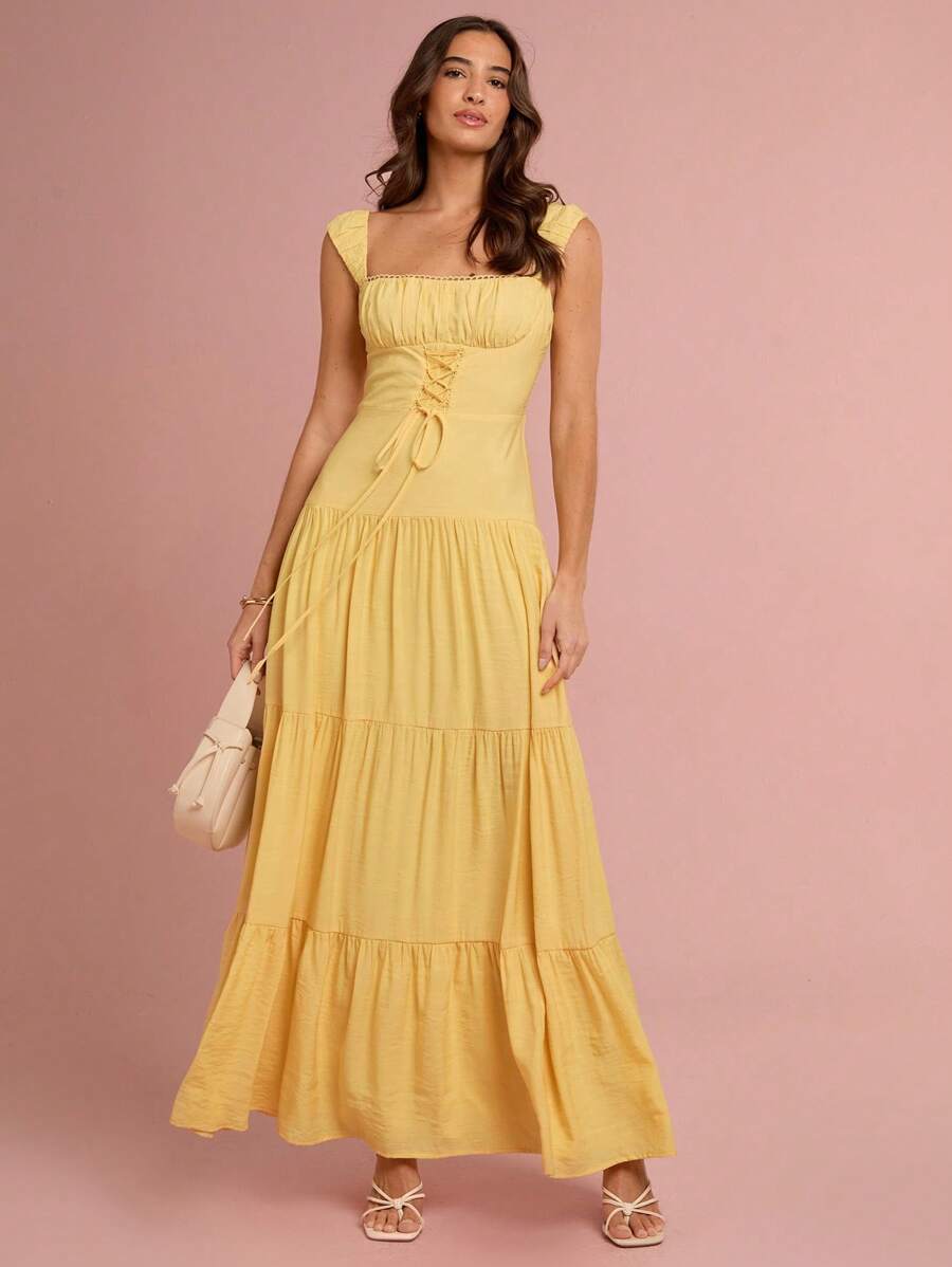 Enchnt Vestido largo de mujer romántico, sin mangas, de cuello cuadrado con tirantes cruzados, de color amarillo sol, para primavera/verano, dulce y elegante para vacaciones, citas, días festivos, fiestas, graduaciones, invitadas de boda, playa, bailes de graduación, vestidos de verano para mujeres, ropa de verano, vestidos elegantes de mujer, vestidos elegantes para fiestas