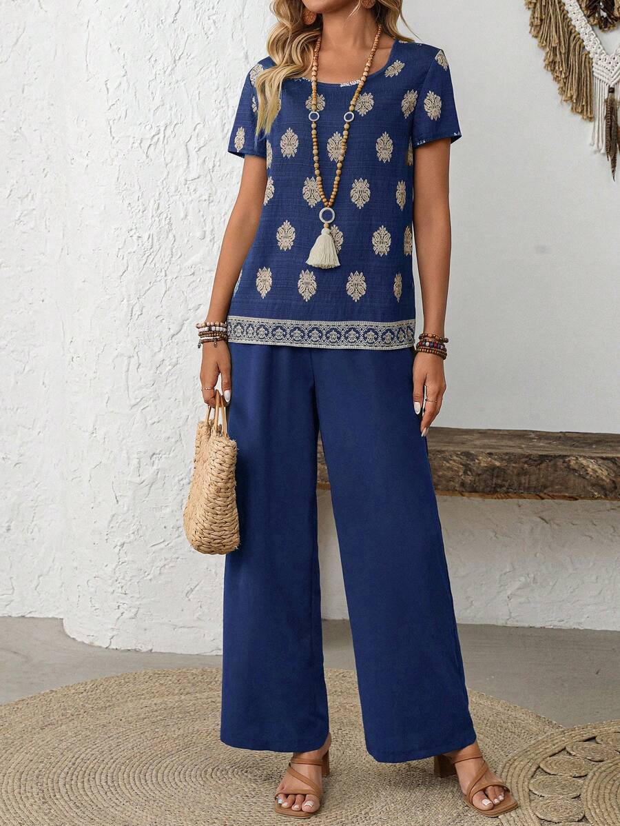 EMERY ROSE Set da 2 pezzi di maglietta con maniche corte e stampa e pantaloni a gamba dritta casual, per primavera/estate