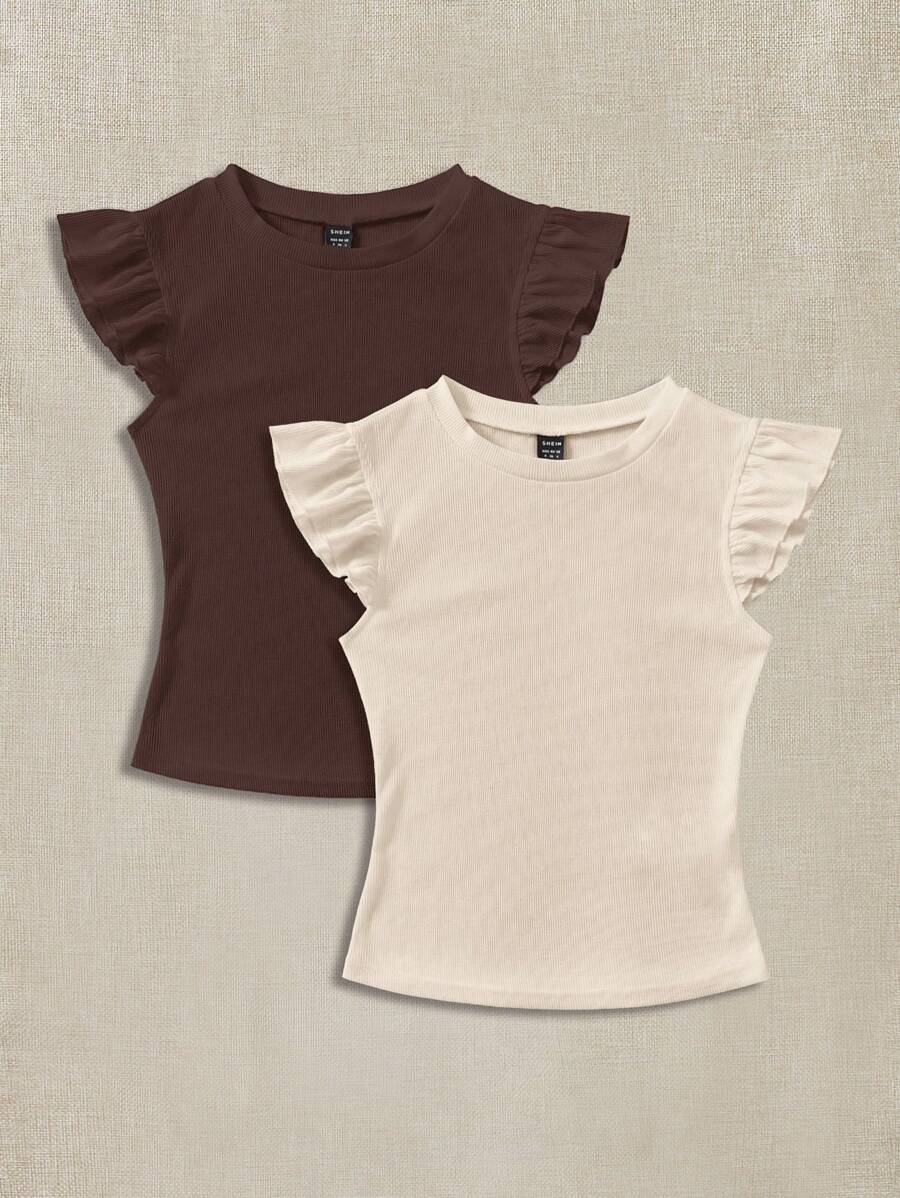 Soleia Set de 2 camisetas de manga corta y cuello redondo de punto acanalado, con ajuste ceñido, bonitas y aptas para el verano