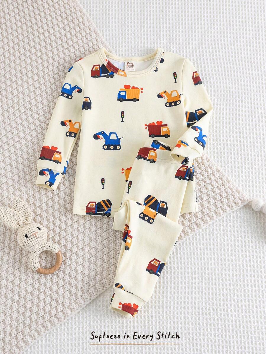 Cozy Pixies Pijama 2 Peças Ajustado, Top de Manga Longa Gola Redonda Macia com Estampa de Carro de Desenho Animado para Menino Bebê e Calça Longa Cintura Elástica com Ajuste Slim