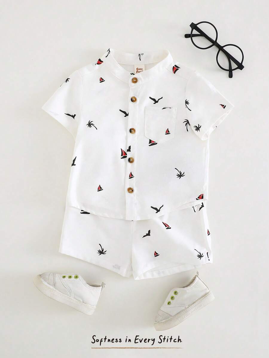 Cozy Pixies 2pcs Baby Boy Coconut Tree Graphic Round Neck Short Sleeve Cardigan & Casual Shorts Set