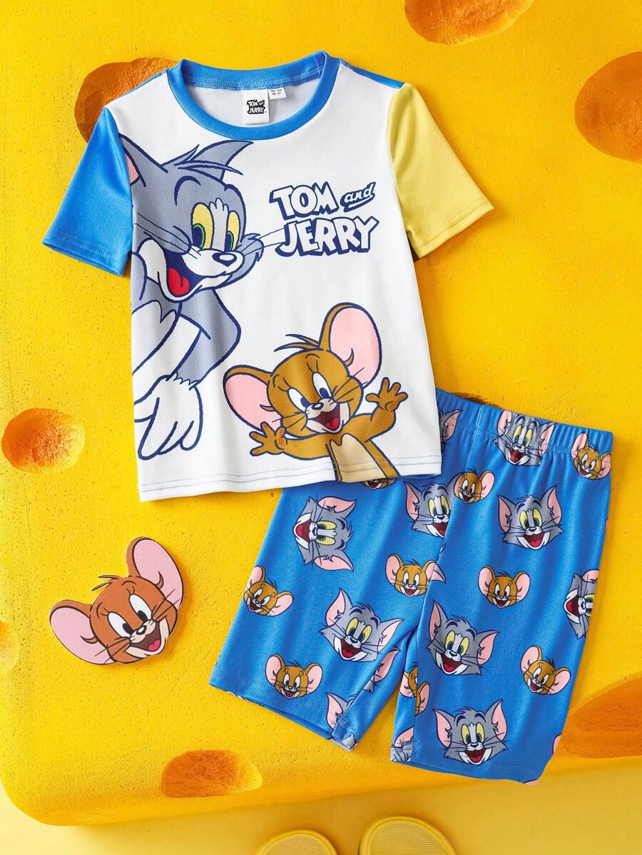 TOM & JERRY X SHEIN Pigiama set per ragazzo giovane, composto da t-shirt a maniche corte con stampa di cartoni animati blu e pantaloncini aderenti e comodi, stile casual