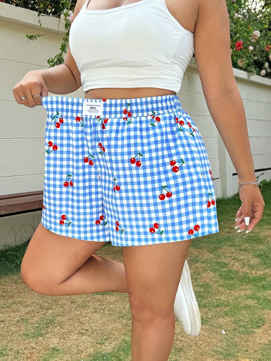 SHEIN EZwear Cherry Plaid Casual Summer Holiday Plus Size Shorts