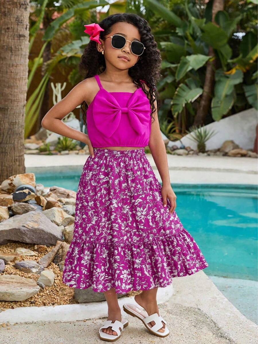 Young Girls 2pcs Set - Solid Bow Camisole Top And Digital Print A-Line Skirt With Elastic Waist, Suitable For Beach, Party, Vacation In Summer