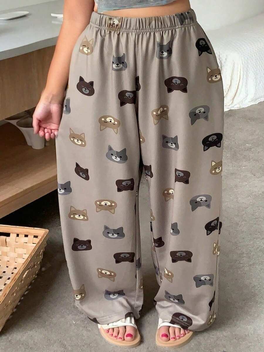 Dazy Plus Cute Animal Print Elastic Waist Loose Pajama Pants, Home Sleepwear Bottom