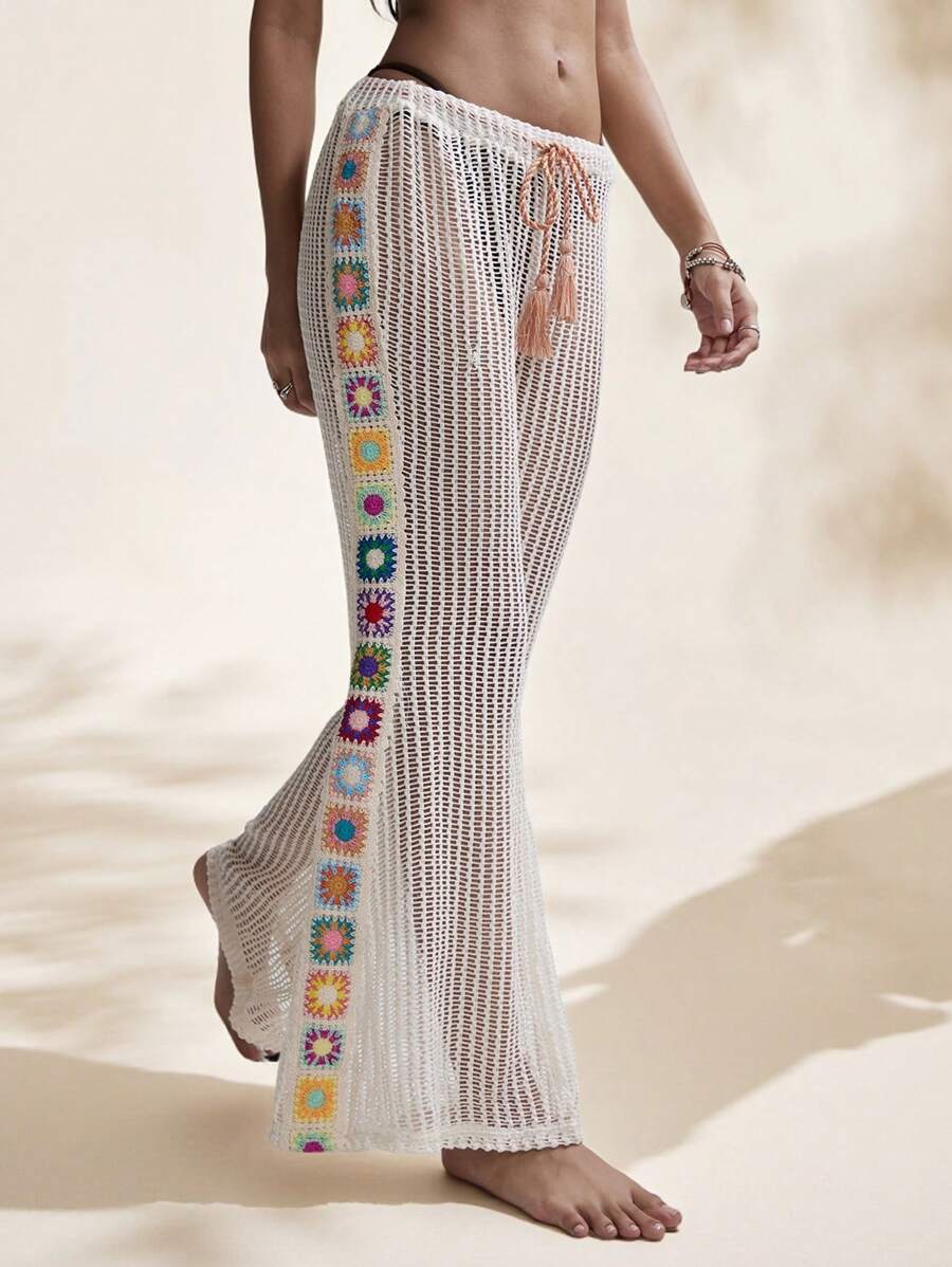 Easelle Pantaloni casual estivi da donna, rett e morbidi, in maglia a griglia all'uncinetto, per vacanze e spiaggia, primavera/estate