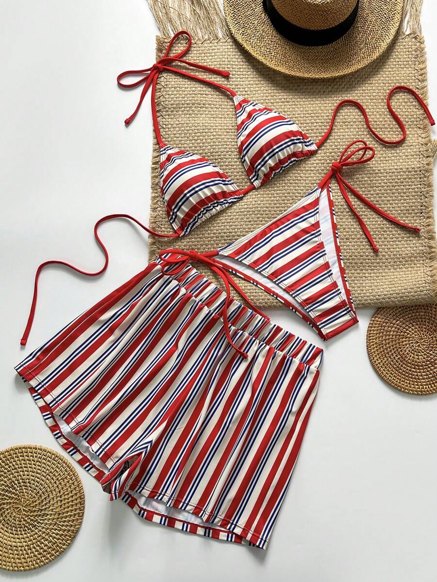 SHEIN Swim 3pcs Women Sexy 4th Of July Beachwear New Ladies Triangle Striped Print Top & Tie Side Bottom & Boyshorts High Elastic Tight Sexy Simple Bikini Set