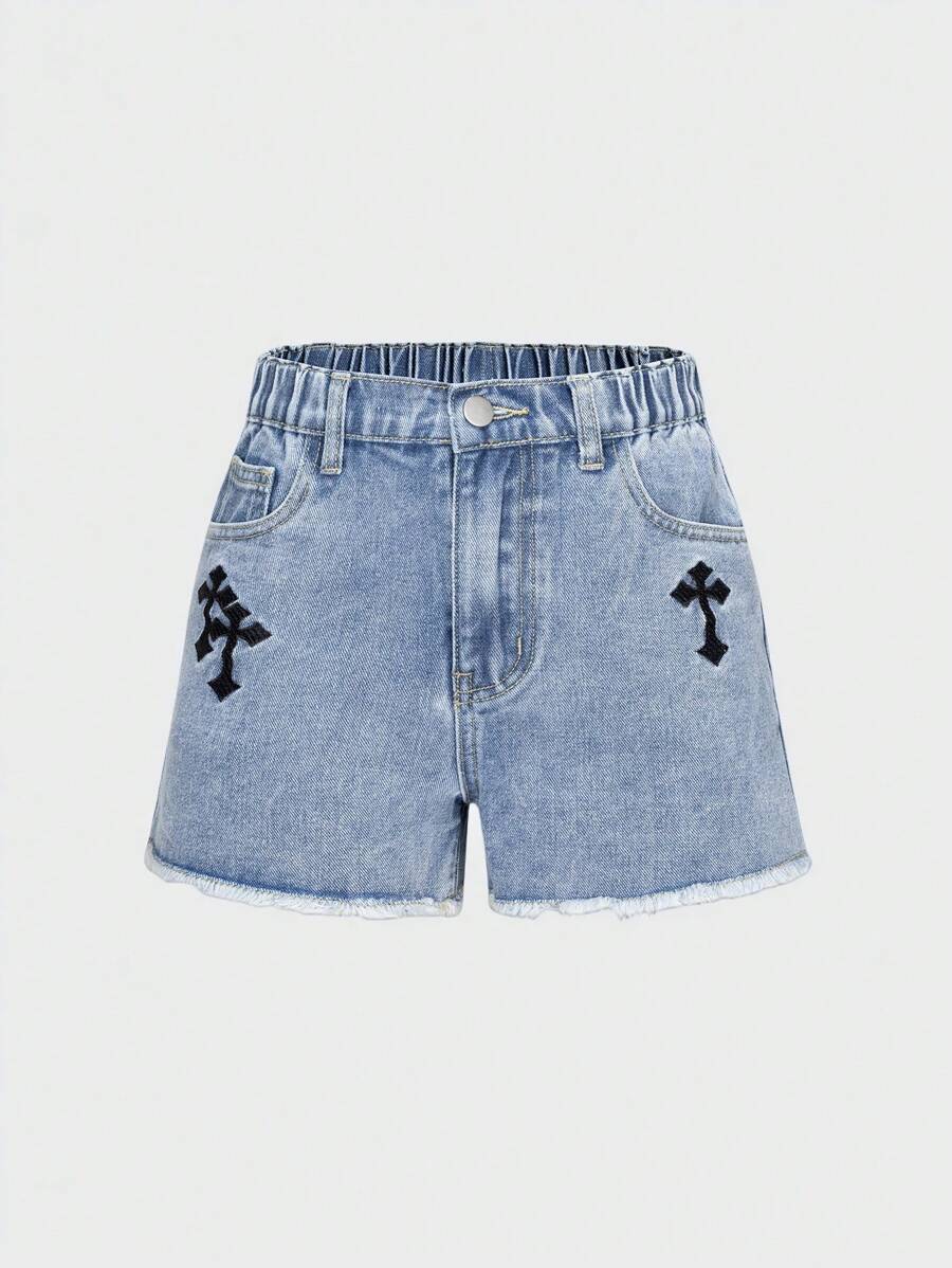 SHEIN Wildeya Dziewczęce spodenki jeansowe w stylu Y2K z haftem i postrzępionymi brzegami w luźnym kroju
