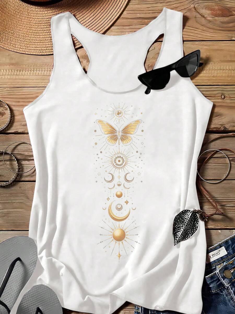 SHEIN LUNE Camiseta sin mangas de mujer de cuello redondo con estampado casual de estrellas, luna y sol para el verano, ligeramente transparente