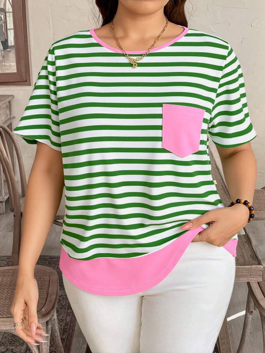 SHEIN LUNE Camisa casual de estilo europeo y americano, con rayas de contraste y decoración de bolsillo de contraste, para salidas y festivales de verano, en estilo bohemio de los 90, para mujer de talla grande