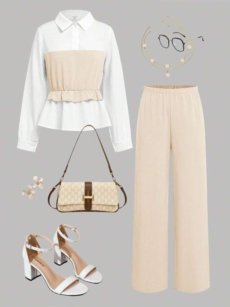 SHEIN Girlism Elegant Apricot Patchwork White Blouse Ruffled Long Sleeve & Wide Leg Pants Two Pieces Outfit, Vintage Style, Multi-Purpose Casual Wear For Teen Girls