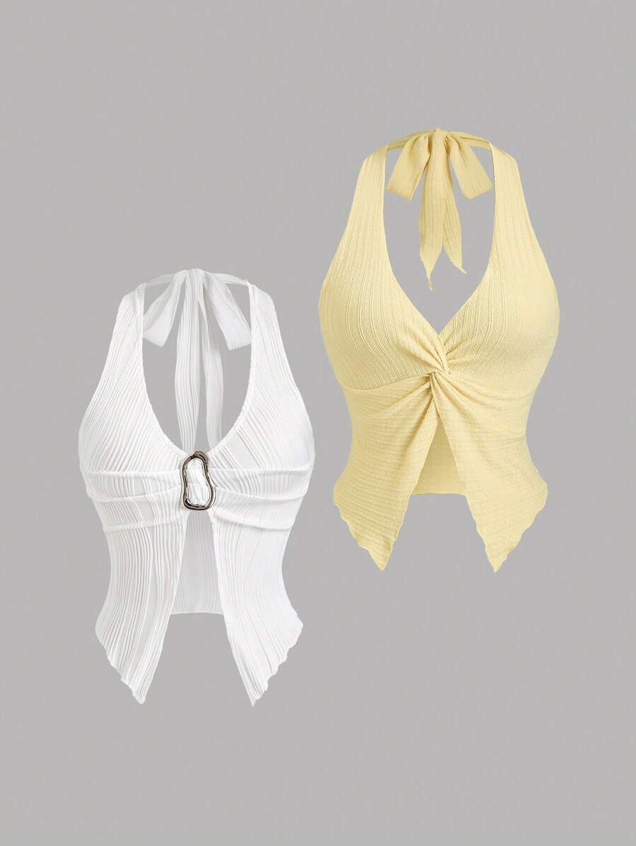 Sweetra Summer V-Neck Twisted Halter Top, Elegant Gathered Waist Sleeveless Camisole Set For Ladies, Unique And Gorgeous Design