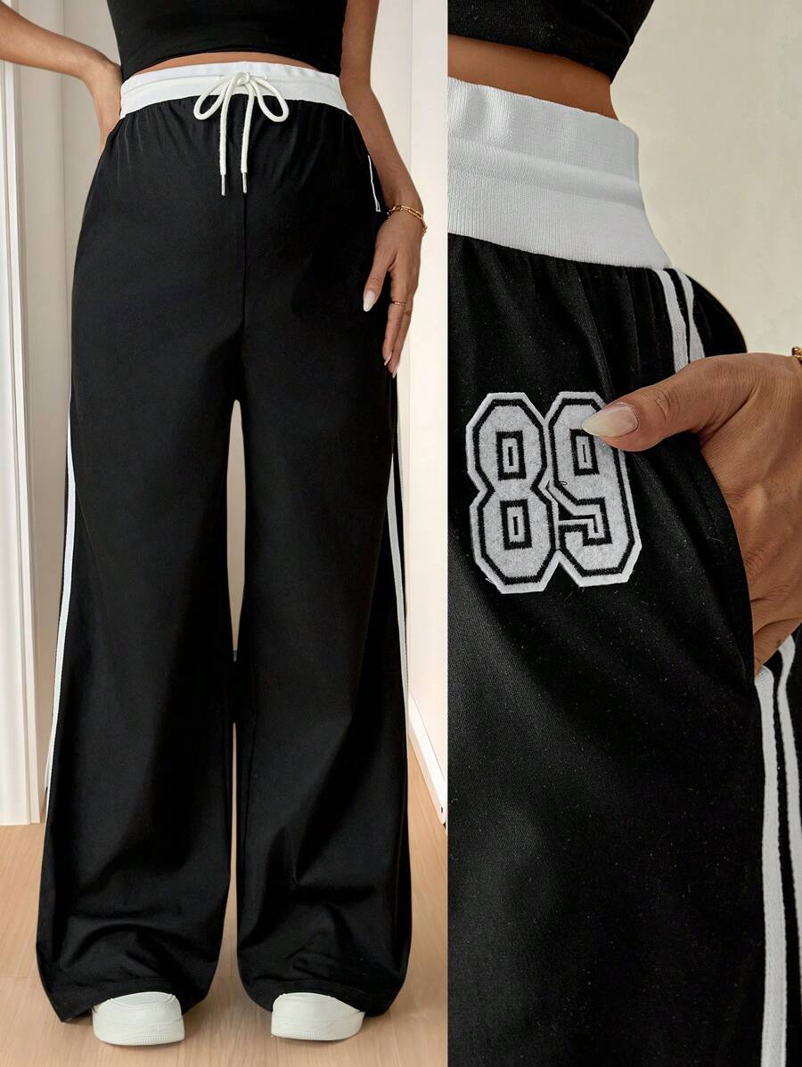 SHEIN Pantaloni casual da donna in gravidanza, con vita con lacci regolabili, a patchwork e righe laterali