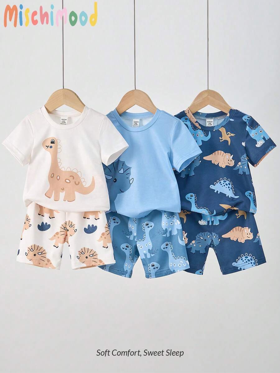 6 pièces/set Pyjamas ou tenue décontractée d'été pour bambin garçon, incluant un t-shirt à manches courtes à col rond confortable avec imprimé mignon de dinosaure et un short