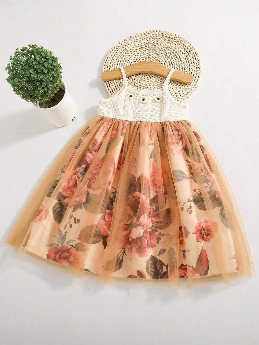 Young Girl Floral Print Mesh Panel Spaghetti Strap Vacation Dress