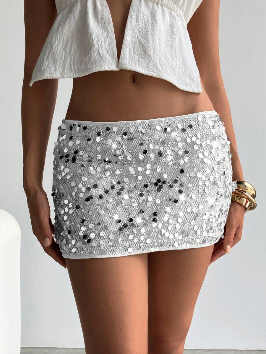 Aloruh Women's Party Glitter Mini Low Waist Bodycon Mesh Sequin Skirt