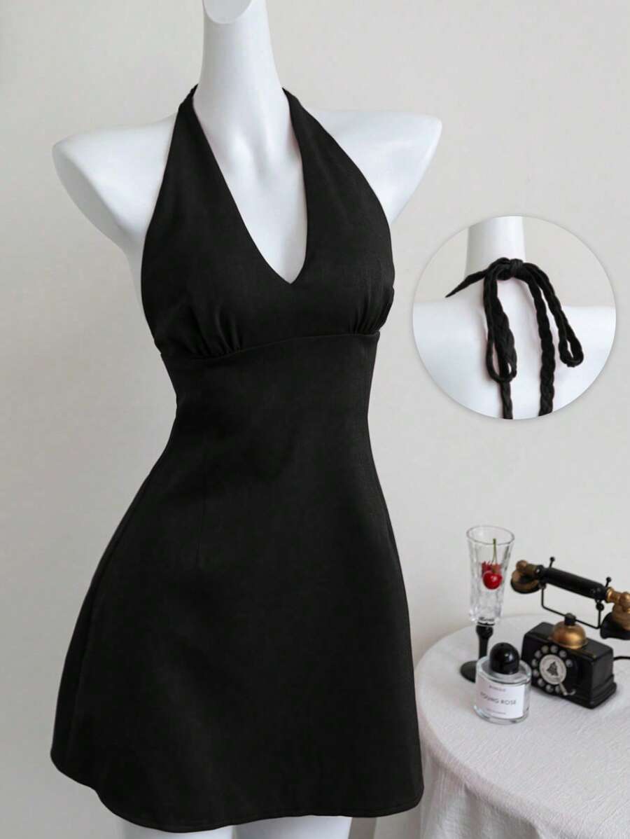 Elamini Vestido de línea A con cuello de pico profundo, cordón y espalda descubierta, sexy y elegante, para primavera/verano