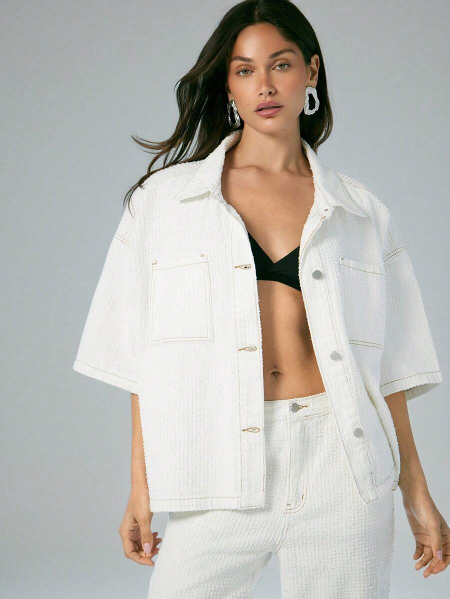 Denimoi Solid Color Pocket Oversized Denim Button Down Shirt Denim Top For Women Denim Shirt, Short Sleeve Denim Top For Women, Oversized Denim Top, Denim On Denim, Fashionable, Summer Tops, Summer Outfits, Nashville Outfits For Women