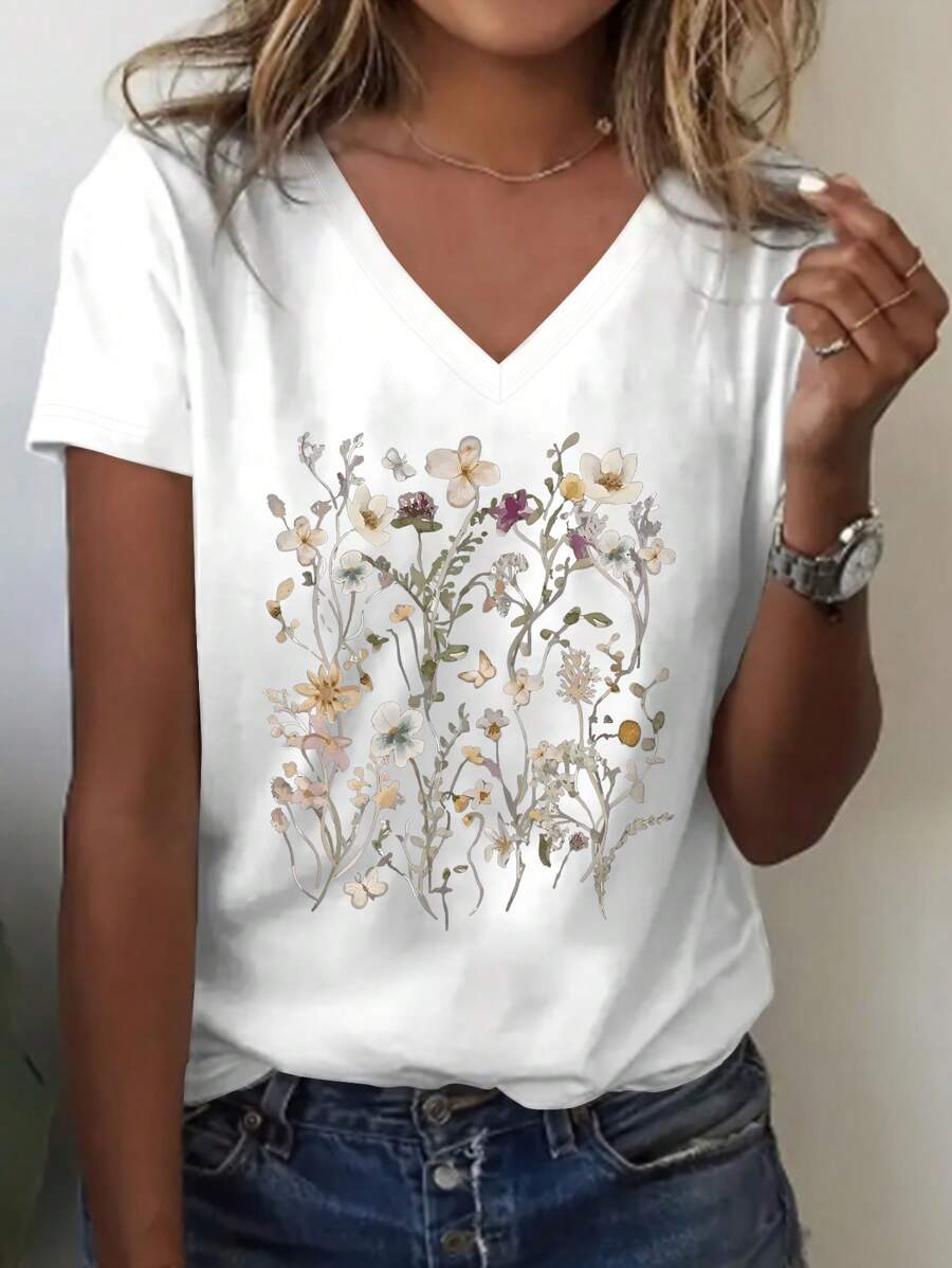 Camiseta casual de mujer de manga corta con cuello en V y estampado floral