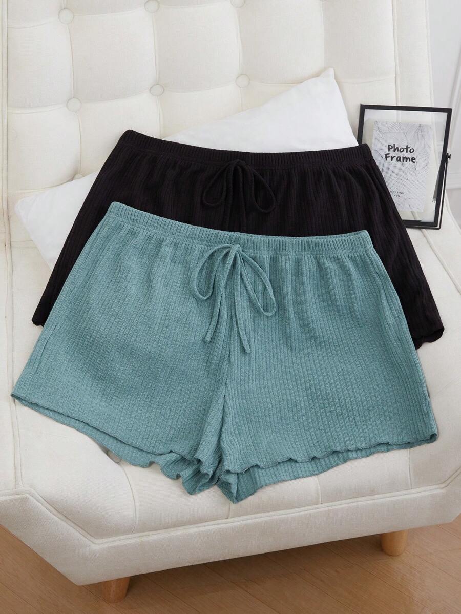 SHEIN 2pcs Plus Size Rib Knit Fake Drawstring Casual Lounge Shorts Sleep Shorts Set