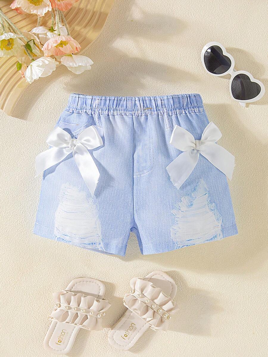 Pantalones cortos con lazo de impresión digital imitación de mezclilla para niñas pequeñas. Los nuevos productos para primavera, otoño y verano ya están en el mercado. Son cómodos, elegantes, lindos y sencillos, y son imprescindibles para el uso diario