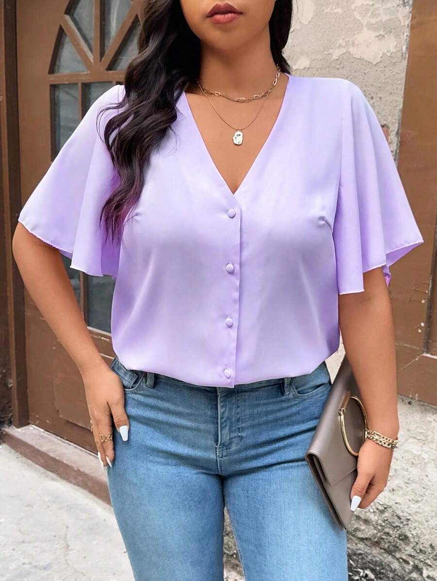 Calvaya Plus Size Solid Color V-Neck Front Button Short Sleeve Blouse