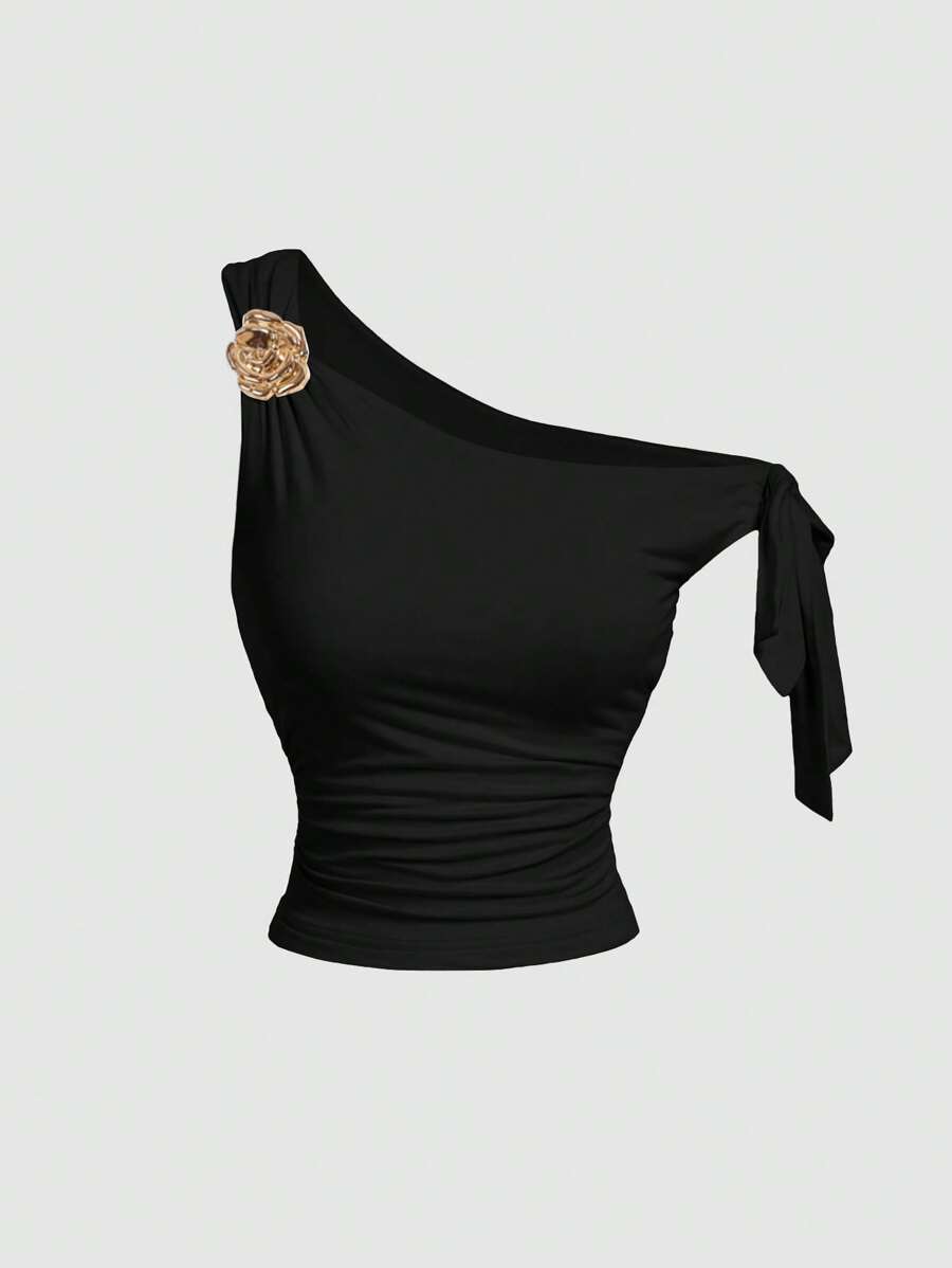 SHEIN MOD Gilet avec nœud métallique abricot et design floral 3D pour femmes