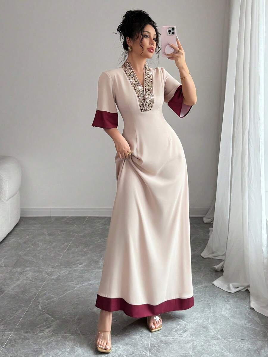 SHEIN PETITE V-Neck Contrast Color Block Sequin Embellished Cinched Waist Long Dress, Elegant And Chic French Style For Summer
