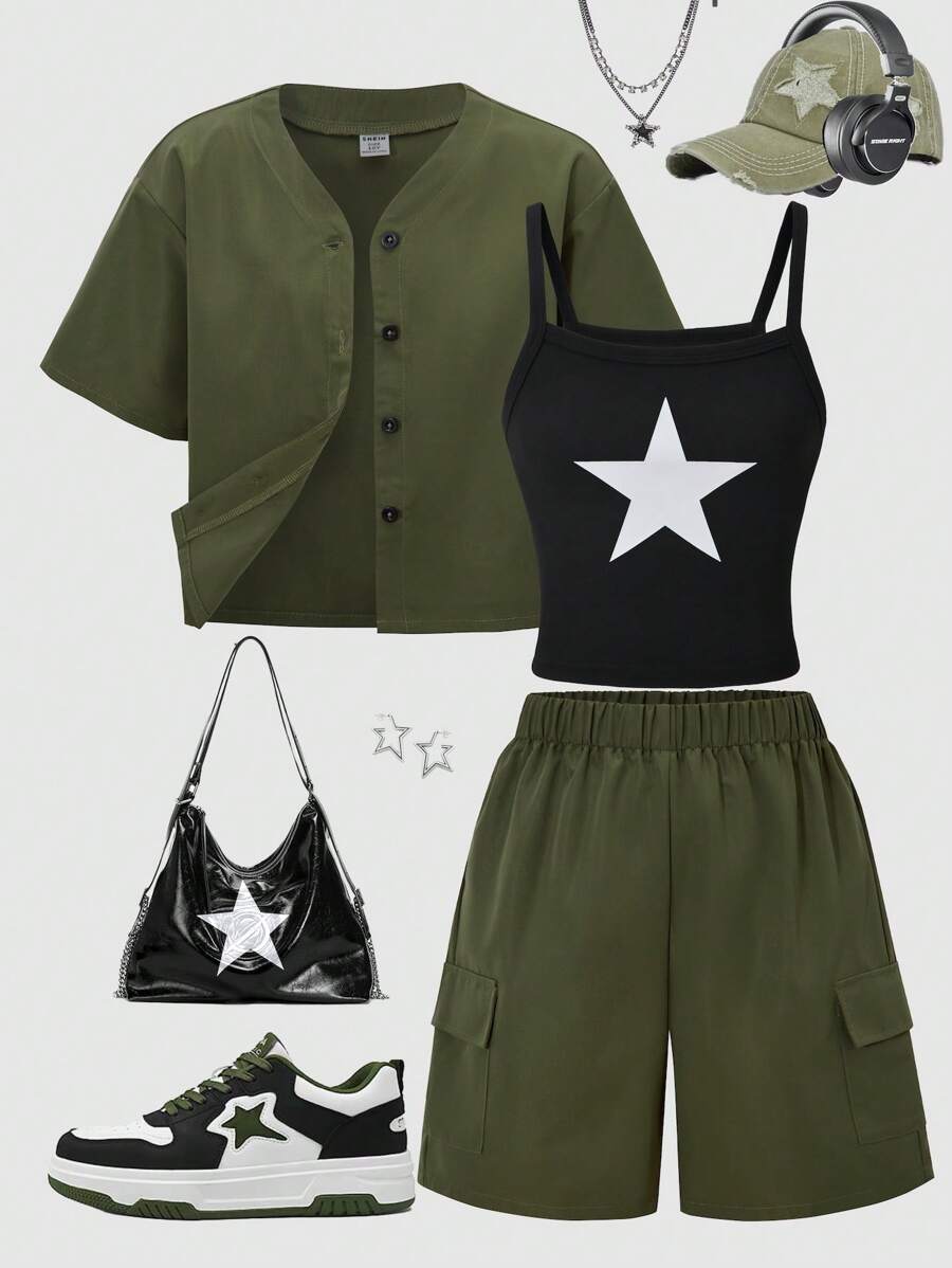 WESTFADE Young Tween Girl's 3 Pieces Set: Short Collar Baseball Jacket, Star Printed Cami Top, Utility Cargo Shorts, Casual Outfit