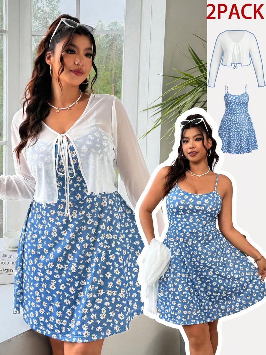 SHEIN EZwear Set de 2 piezas talla grande: Cárdigan blanco y vestido camisero con estampado floral diminuto