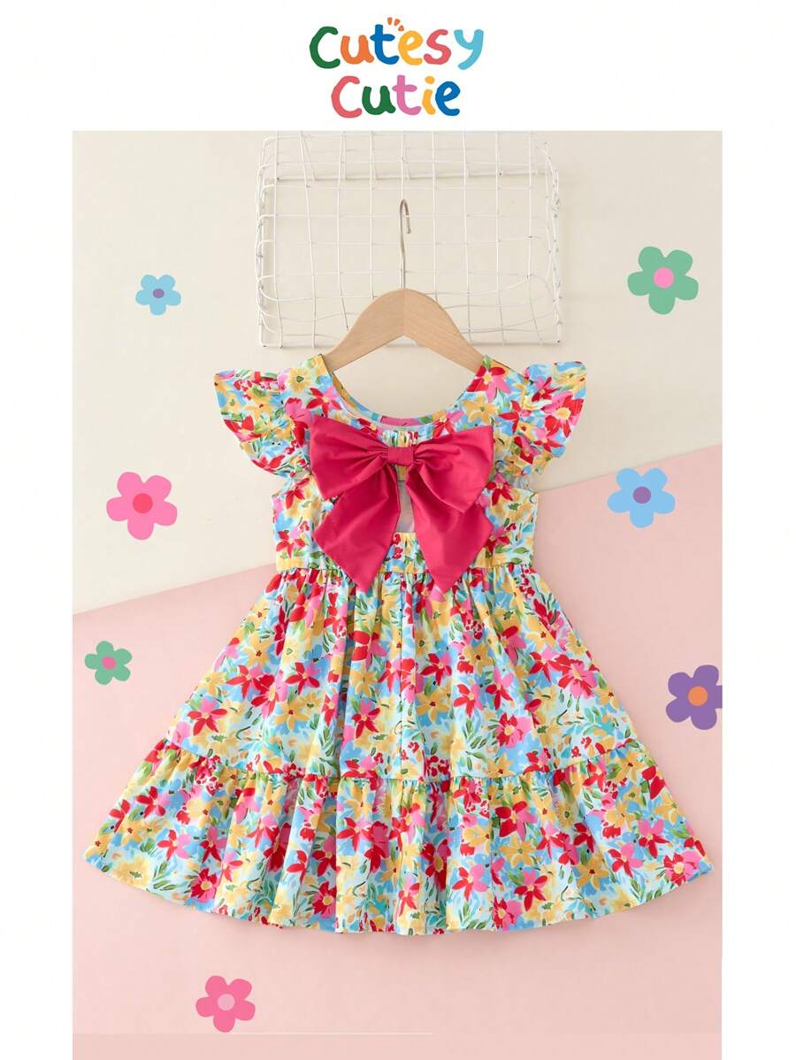 Schattige, schattige, casual jurk met print en ruches en strik voor jonge meisjes