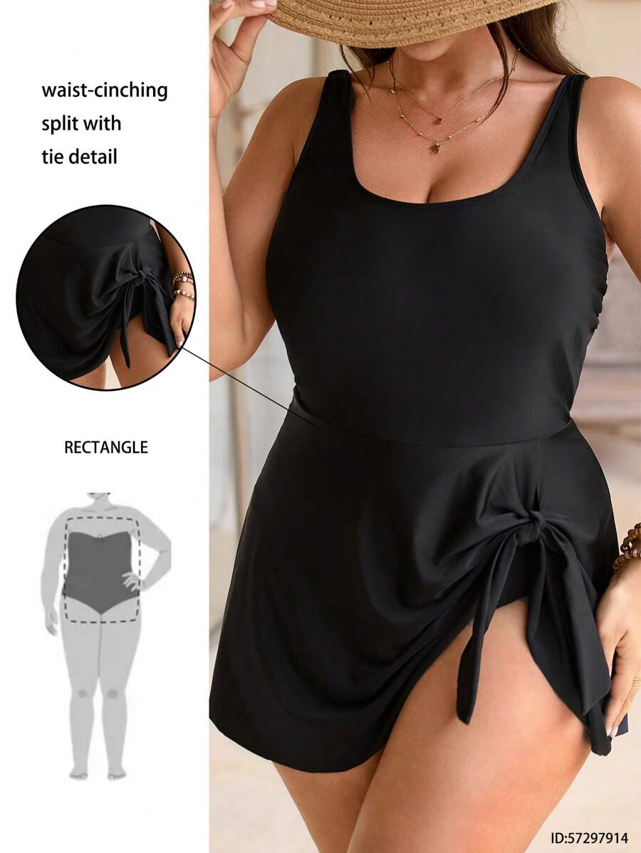 Swim Basics Plus Size Women's Basic Adjustable Straps Bow Decor One-Piece Swimsuit, Ideal For Beach Holiday
