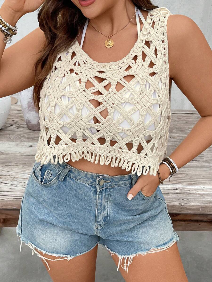 SHEIN VCAY Top de punto casual sólido de talla grande con abertura, top con hombros descubiertos, top lindo, top de ganchillo, top de malla, top transparente de color amarillo mantequilla, conjunto para el 4 de julio, conjunto para vacaciones en una isla, conjunto para luna de miel, conjunto para vacaciones de mujer, ropa de mujer de estilo occidental bohemio, conjunto para festival, conjunto para graduación de verano, conjunto para vacaciones en la playa, ropa de mujer de estilo occidental de talla grande