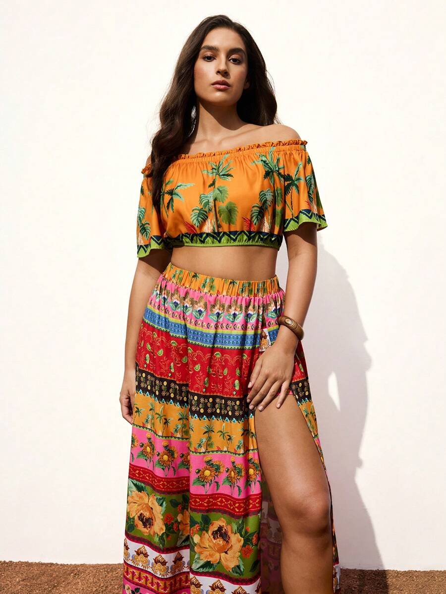 Maija Set da due pezzi da donna taglie forti, composto da blusa spalle scoperte a maniche corte con stampa palme e gonna lunga a vita alta con spacco laterale