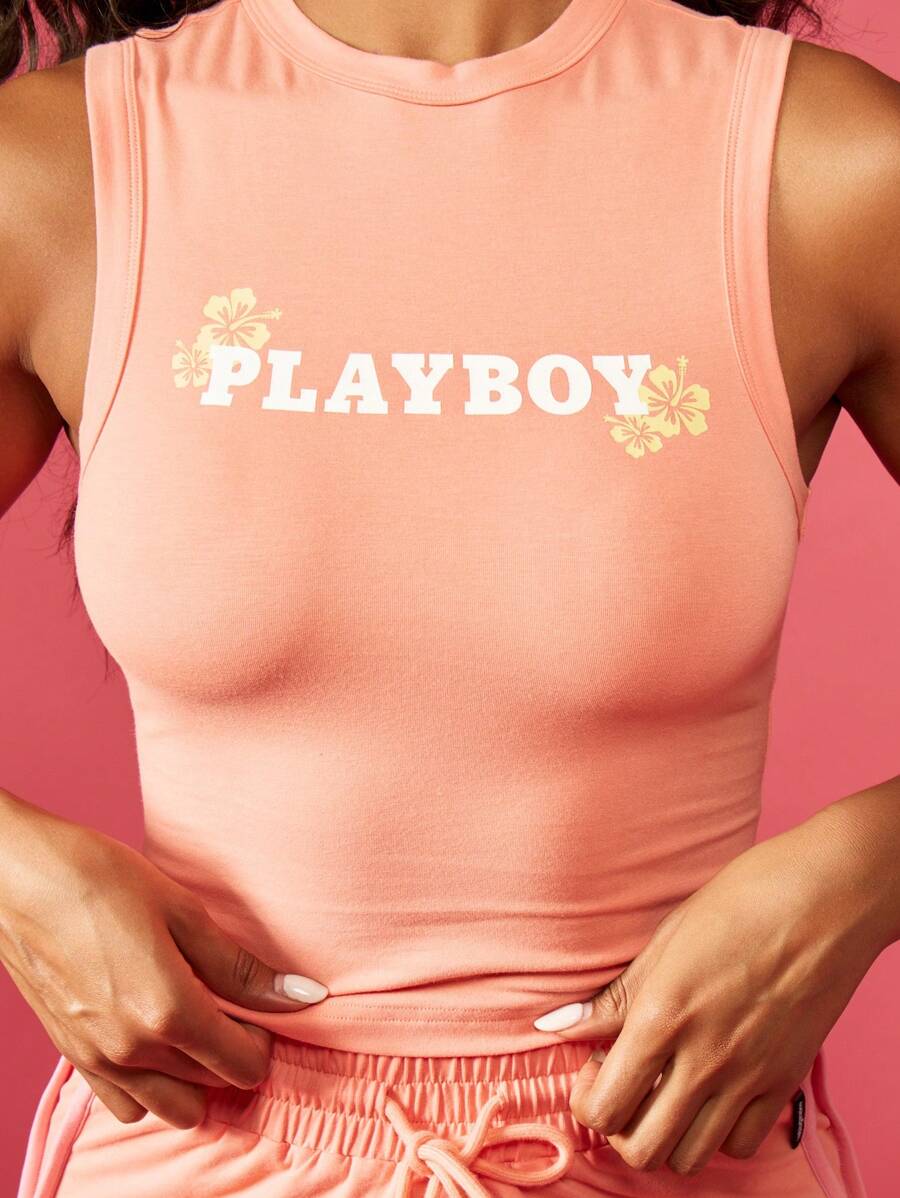 Missguided x Playboy Top atletico estivo senza maniche, canotta crop top per allenamento, top sportivo da corsa con stampa floreale di ibisco hawaiano, schiena aperta, per palestra, allenamento, fitness