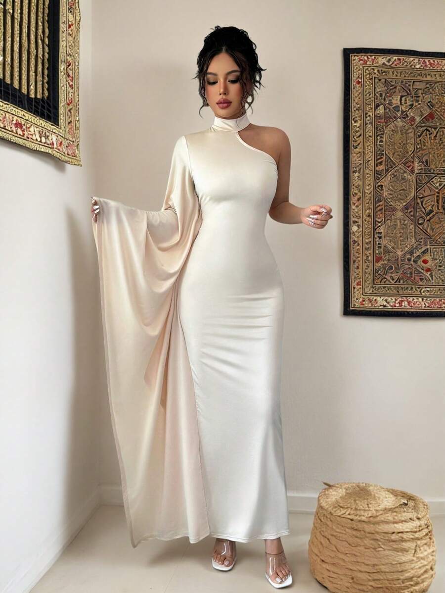 Breezaya Abito lungo elegante da donna monospalla attillato