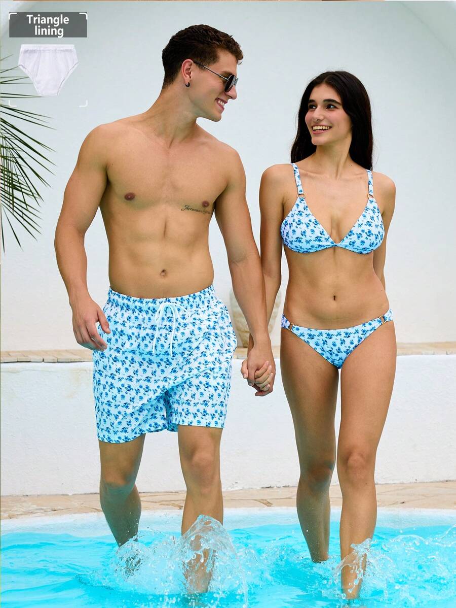 Manfinity VDAYZ Manfinity Vdazy Summer Couple Party Vacation Casual Small Floral Swim Trunks Beach Shorts. Casual Vacation Beach Print Holiday Swim Trunks Beach, Girlfriend, Boyfriend Print Pattern Swim Trunks Beach Shorts, Suitable For Beach, Swimming, Travel, Party, Beach Or Pool.