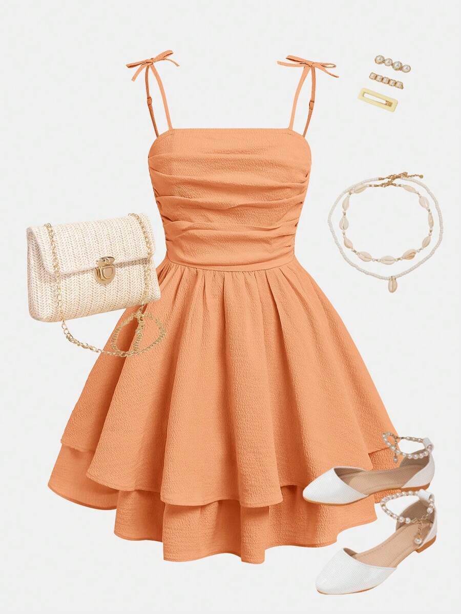 SHEIN Girlism Teen Girls' Solid Color Ruched Double Layer Ruffle Hem Casual Camisole Dress