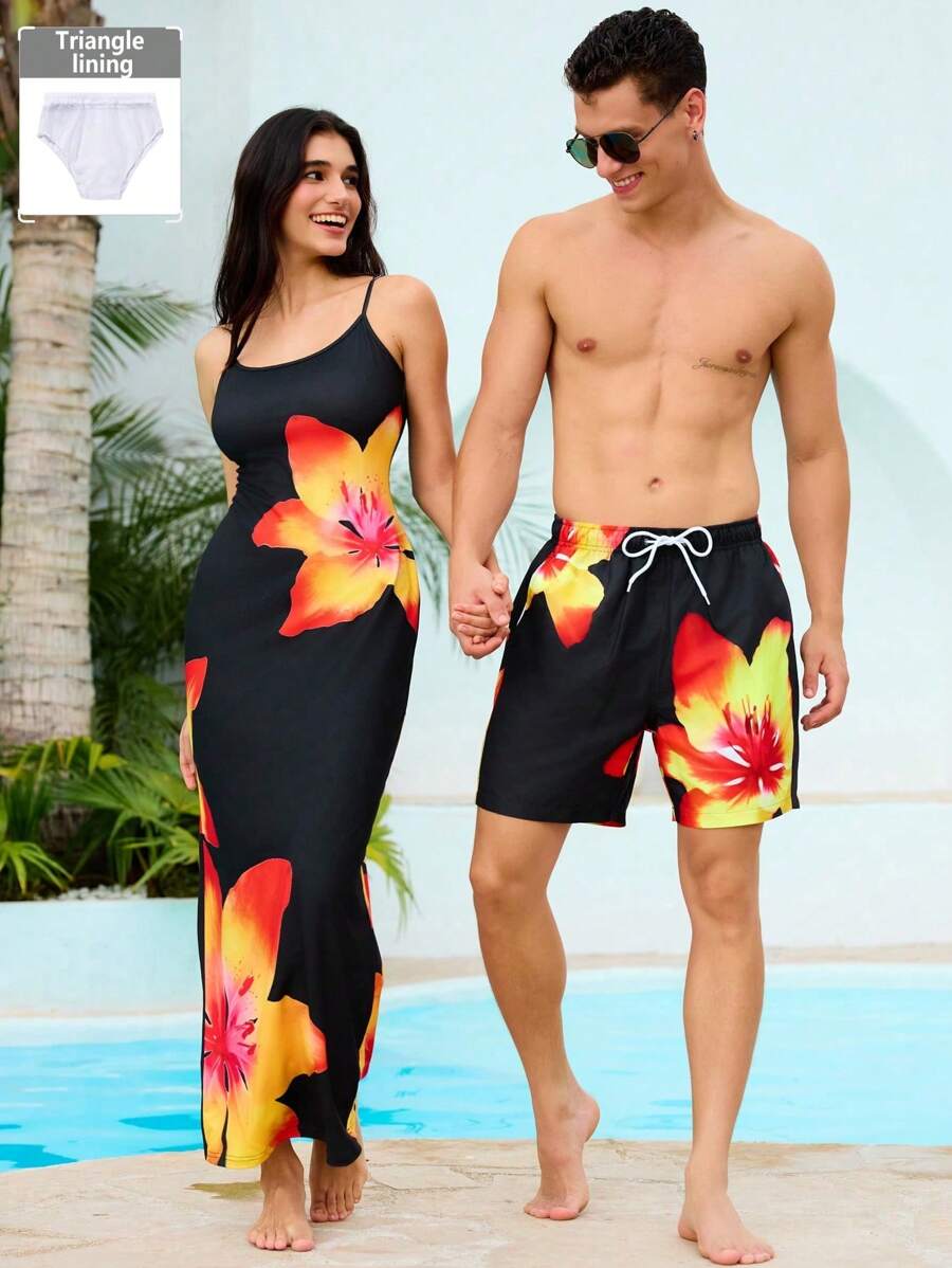 Manfinity VDAYZ Men's Floral Print Drawstring Waist Beach Shorts, Summer