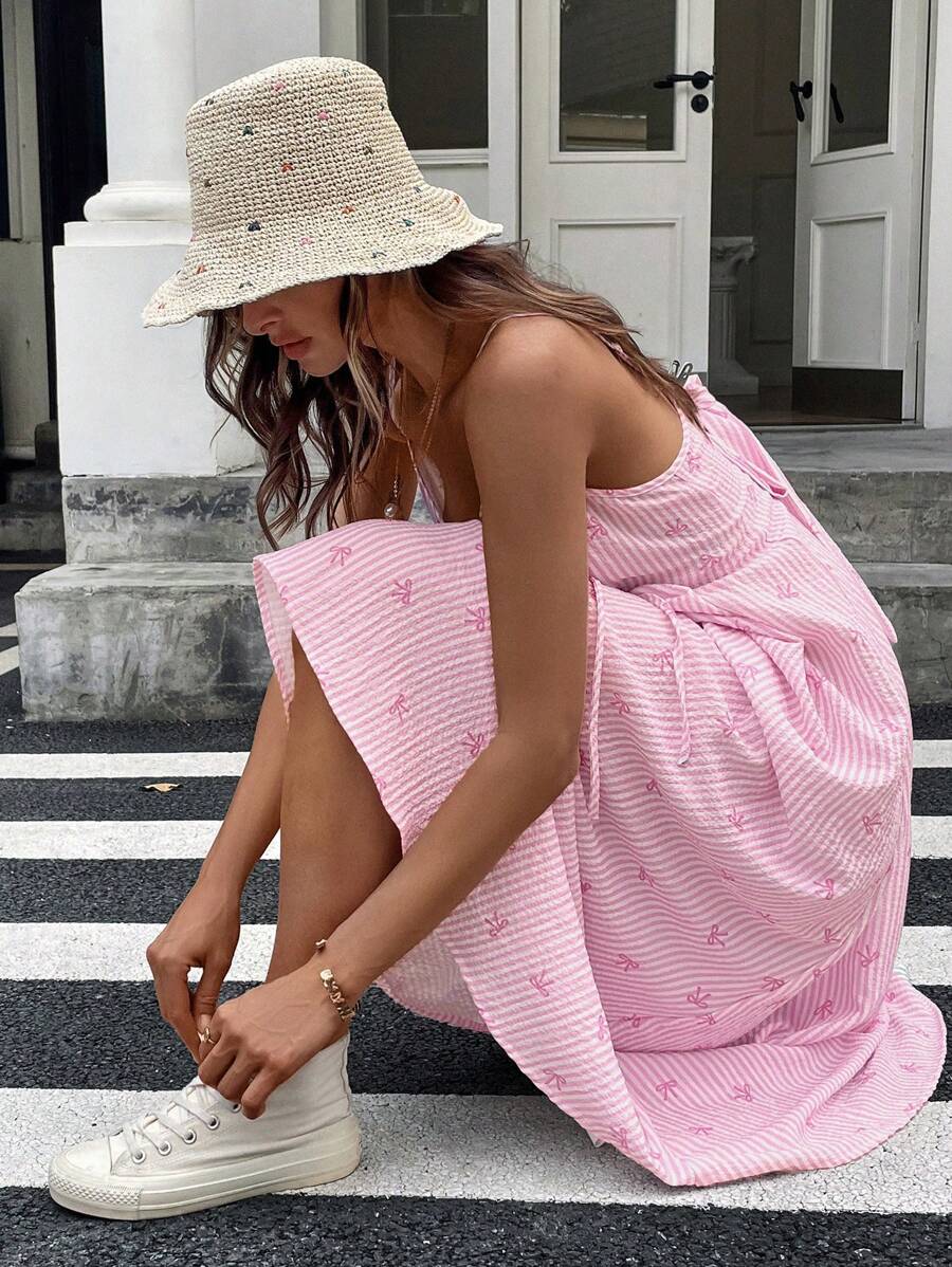 SHEIN LUNE Abito casual da vacanza con lungo laccio, a righe rosa e fiocco sulla schiena, adatto per primavera ed estate