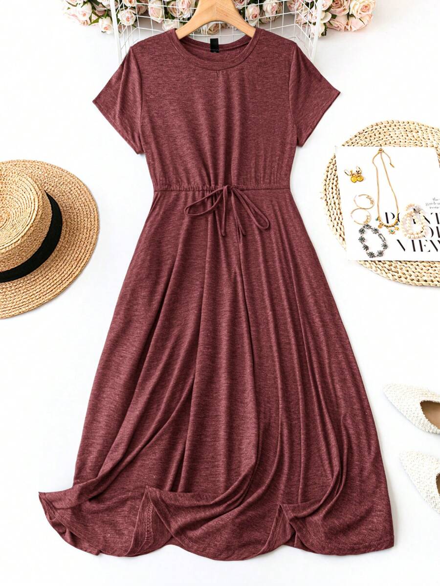 SHEIN LUNE Plus Size Women Summer Solid Color Round Neck Short Sleeve Waist Tie Casual Dress,Sun Dresses For Women,Sundress