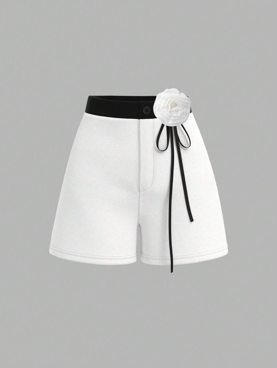 SHEIN MOD Pantaloncini da donna con vestibilità ampia, con decorazione floreale a blocchi di colori in 3D