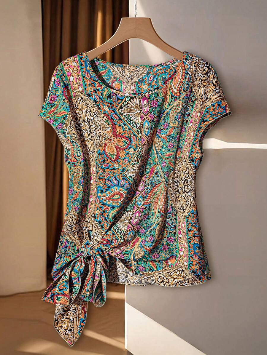 Franclia Blusa casual de mujer para vacaciones con cuello redondo, sin mangas, lazo en el bajo y bajo dividido, para primavera/verano