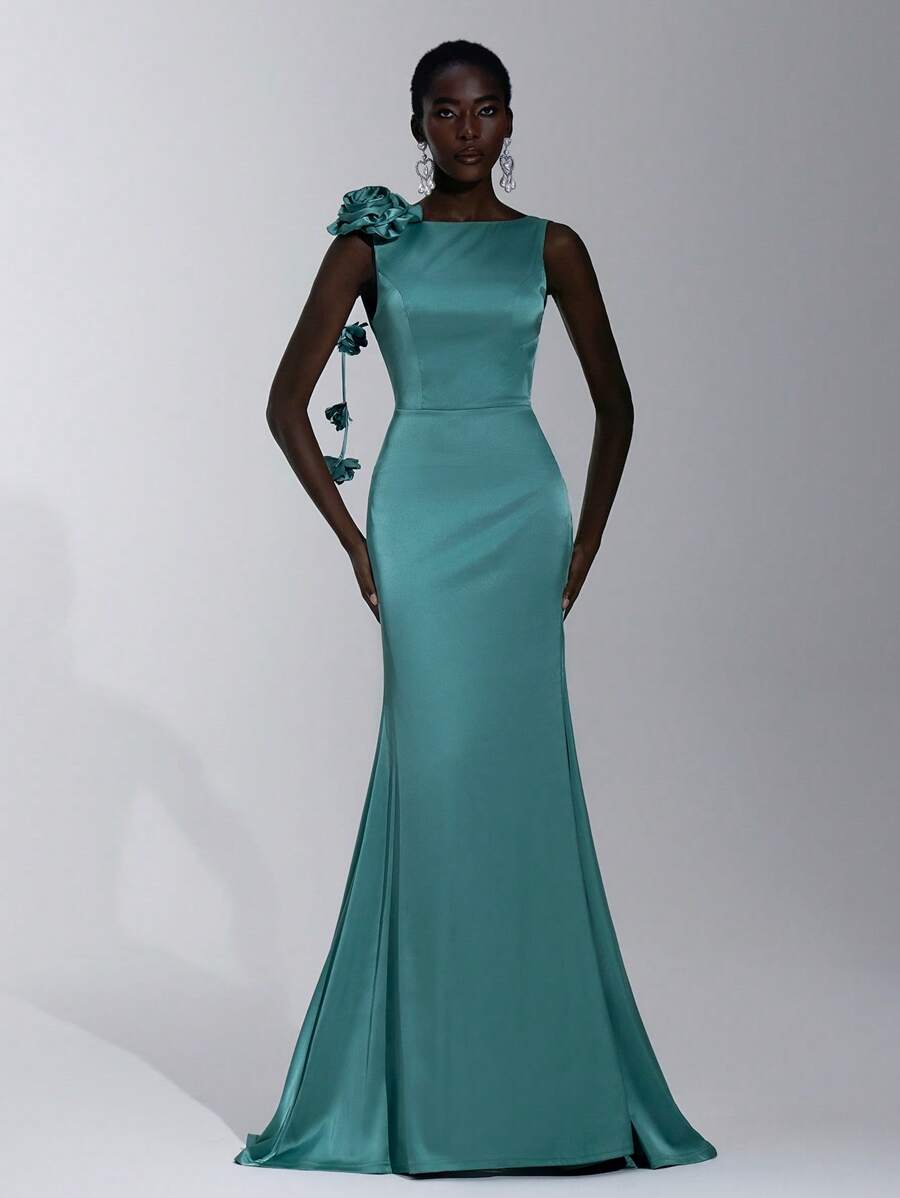 Elitara Elegante abito da donna verde oliva in raso, minimalista, con spalle scoperte, decorazioni floreali, frange, taglio a sirena e schiena scoperta, adatto per appuntamenti, vacanze, matrimoni, damigelle