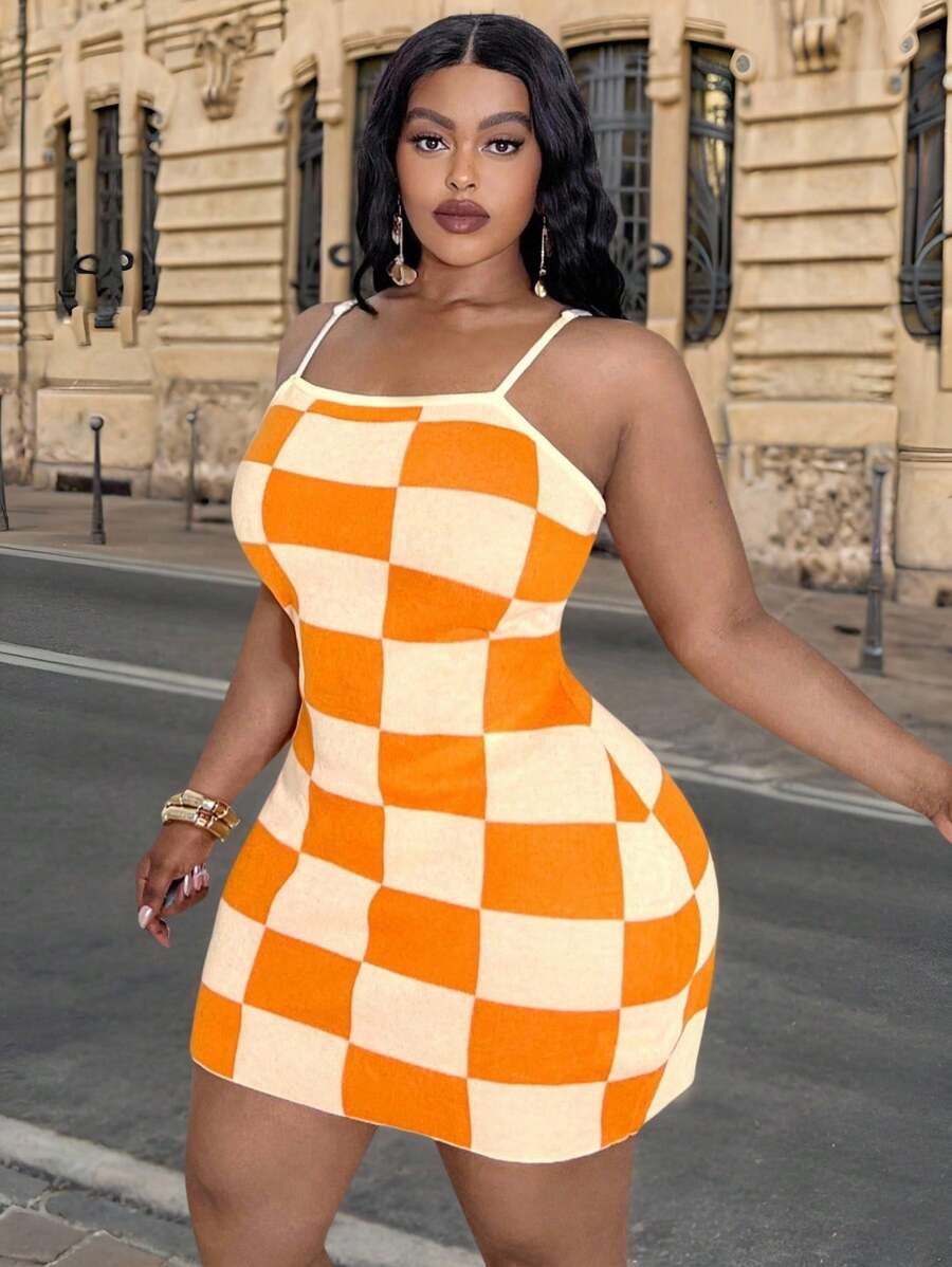 Slaydiva Abito casual a maglia aderente con fantasia a quadri e bretelle, taglie forti