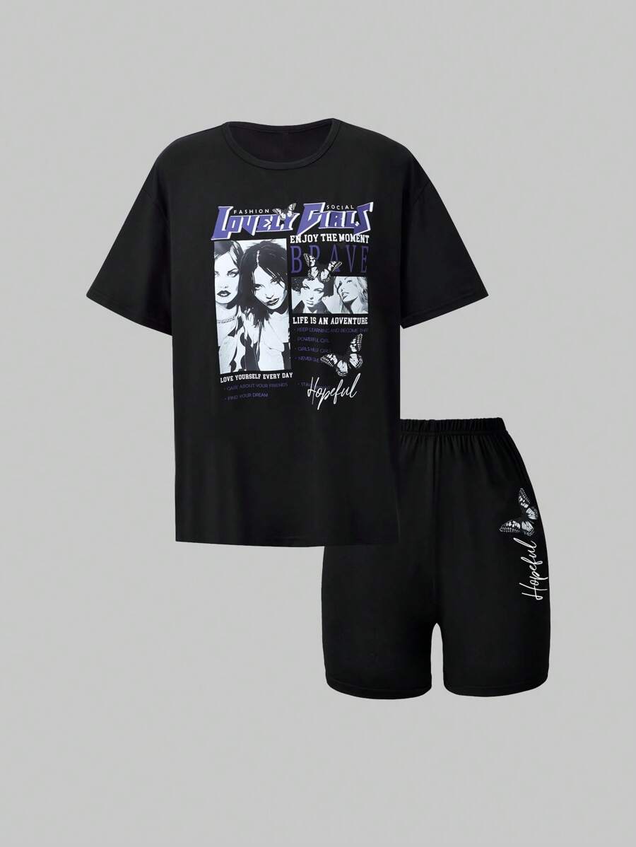 SHEIN 2pcs/Set Teen Girls Stylish Street Portrait & Letter Print Loose Round Neck Short Sleeve T-Shirt And Shorts Suit, Suitable For Casual Sports