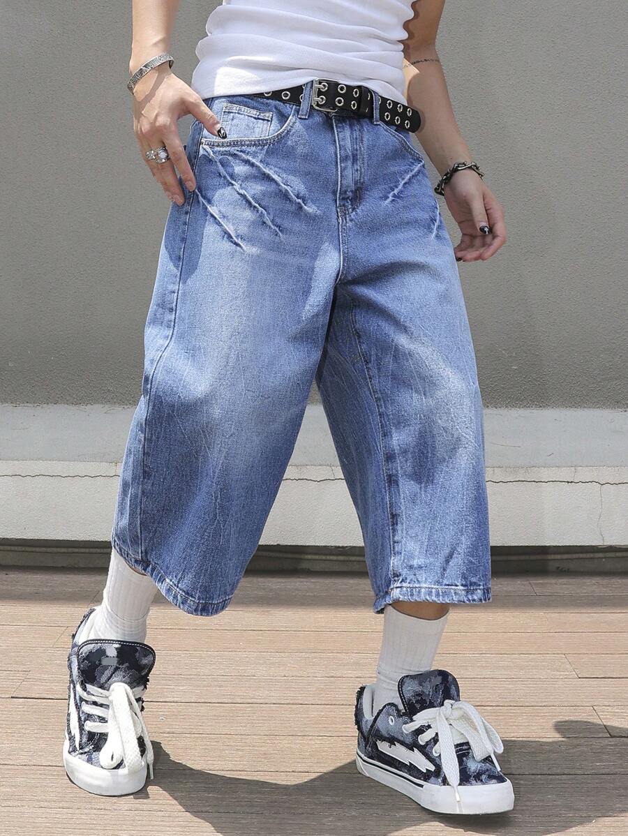 Manfinity Hypemode Pantalones cortos de mezclilla desgastada vintage para hombre