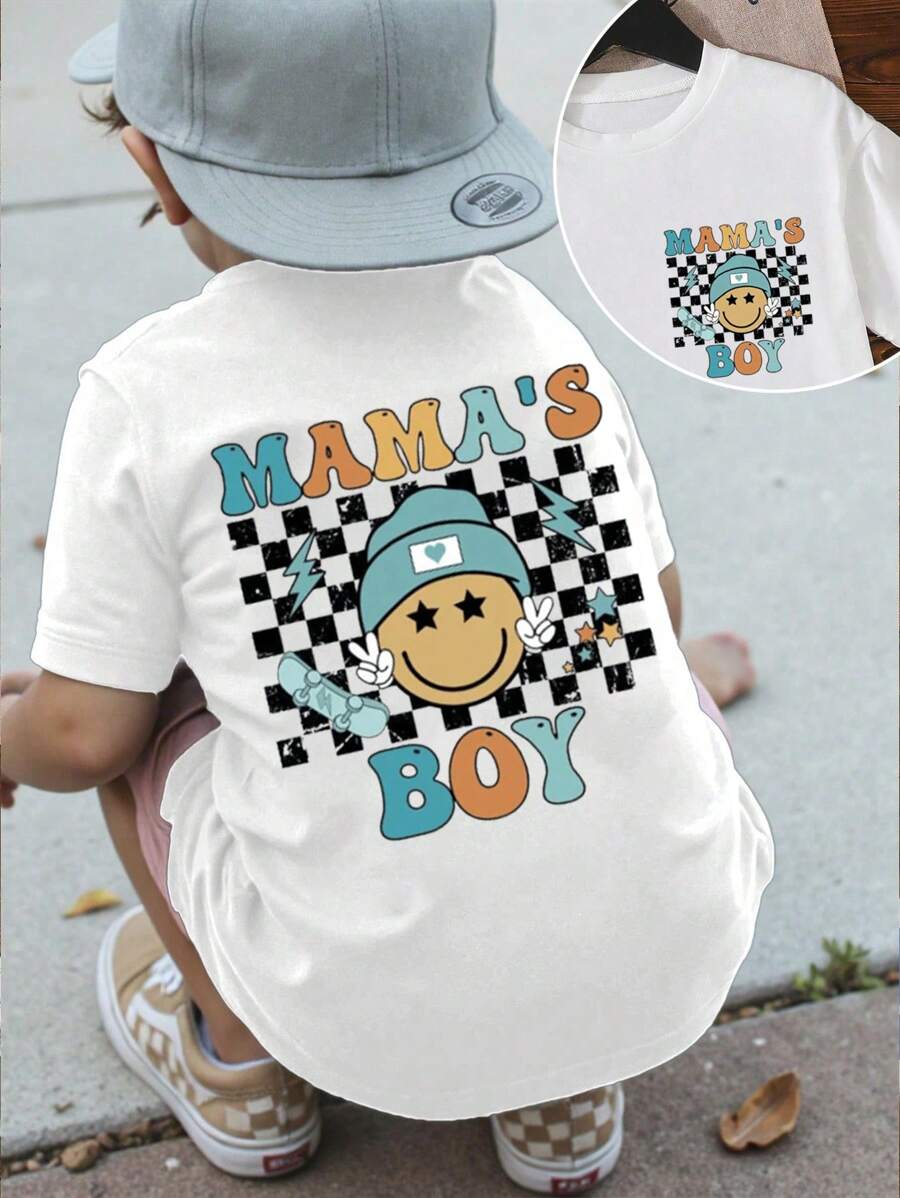 SHEIN Camiseta de manga corta cómoda y de moda casual para niños pequeños con estampado minimalista y de letras, para primavera/verano