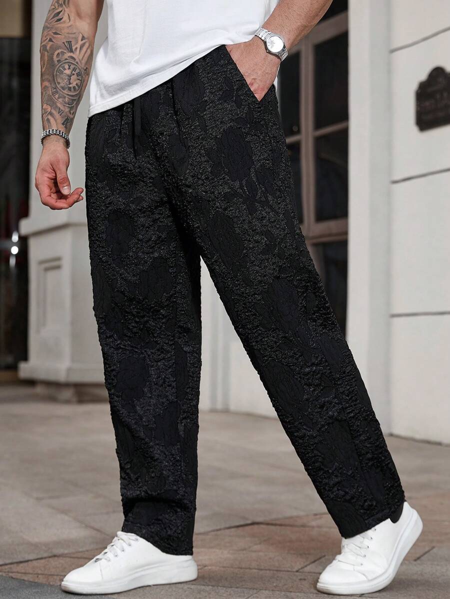 Manfinity CasualCool Pantalones casuales rectos y holgados para uso diario para hombres de talla grande, apropiados para salidas y vacaciones, con estampado de flores vintage rosa clásico en tejido jacquard texturizado, con cintura elástica y diseño de cierre, moda y práctico, regalo ideal para novio o esposo